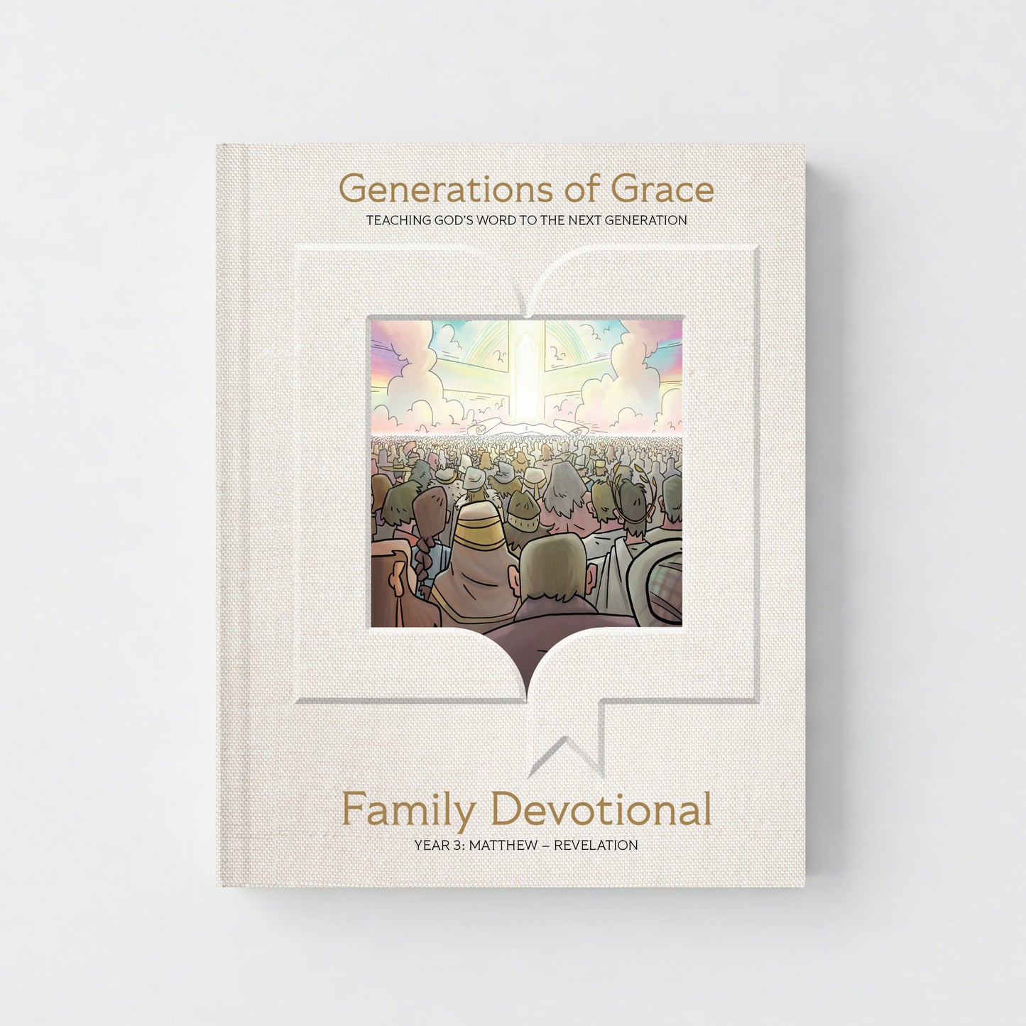Book titled 'Generations of Grace Family Devotional' on a light gray background