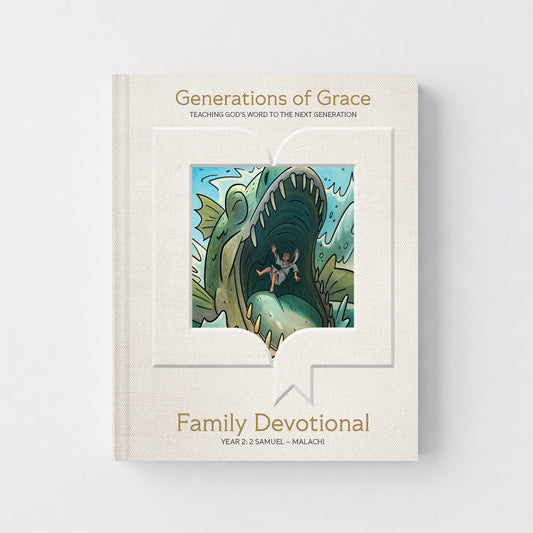 Book titled 'Generations of Grace Family Devotional, Year 2' with a cover illustration on a light gray background